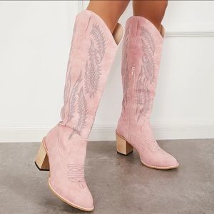 Embroidery western cowboy boots - chunky heel knee high riding boots - pink